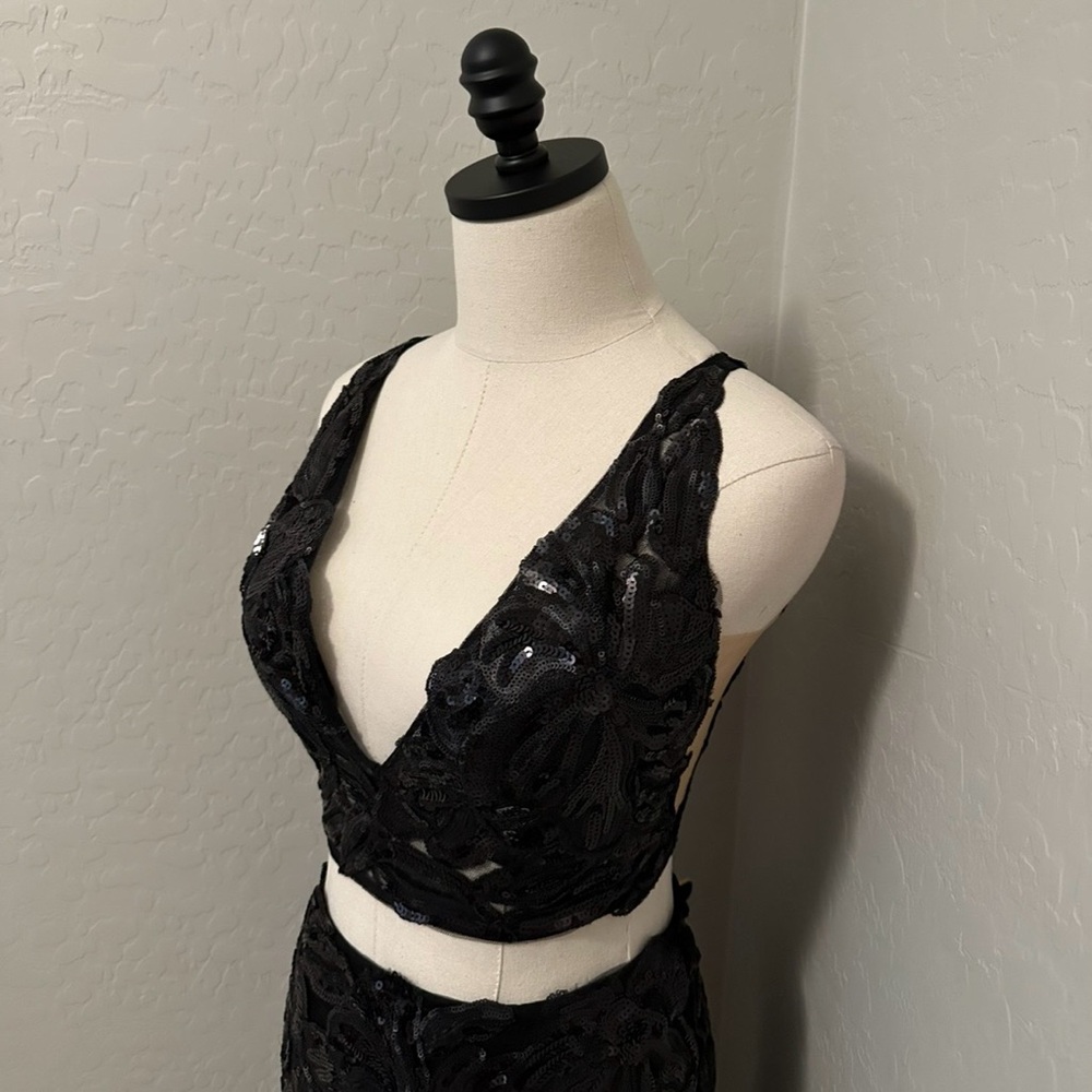 NEW JOVANI SZ 6 BLACK TWO PIECE ILLUSION SEQUIN TULLE FORMAL EVENING GOWN - Picture 7 of 14